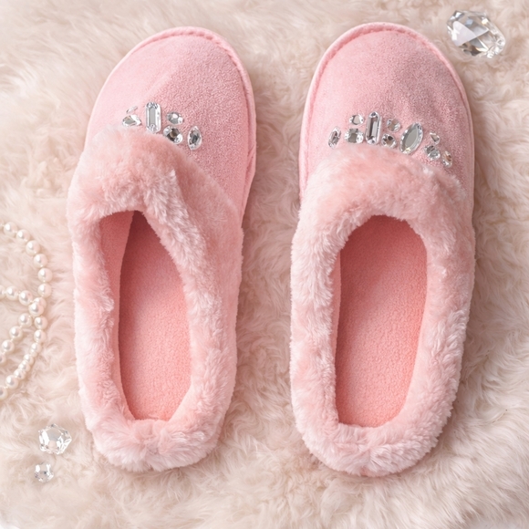 Shoes - Pink Fuzzy Slippers with Gem Accents